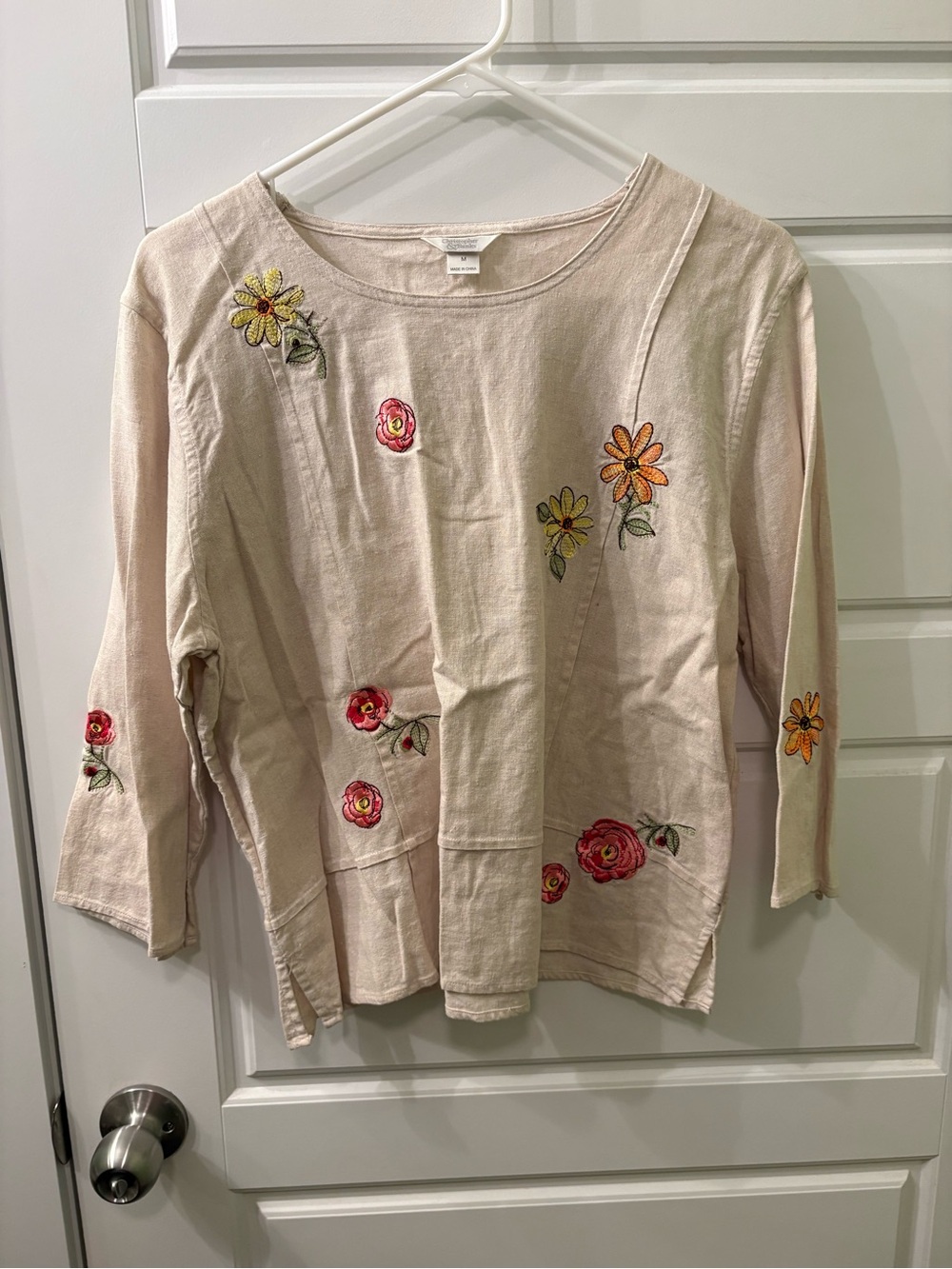 Christopher & Banks Cream Long-Sleeve Top with Embroidered Flowers